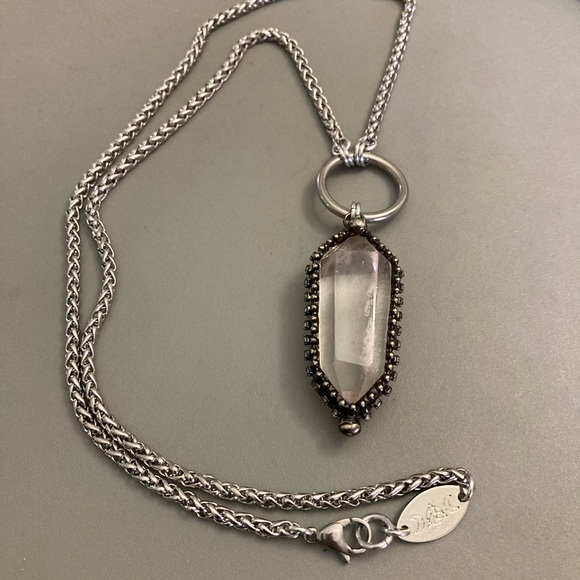 LONG 26 inch chain BIG Crystal quartz black electroplated boho goth necklace - Picture 12 of 14